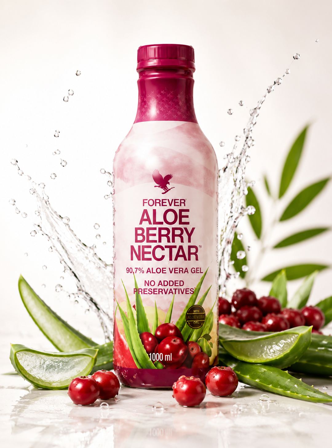 Forever Aloe Berry Nectar 1L bottle with cranberries and water splashes