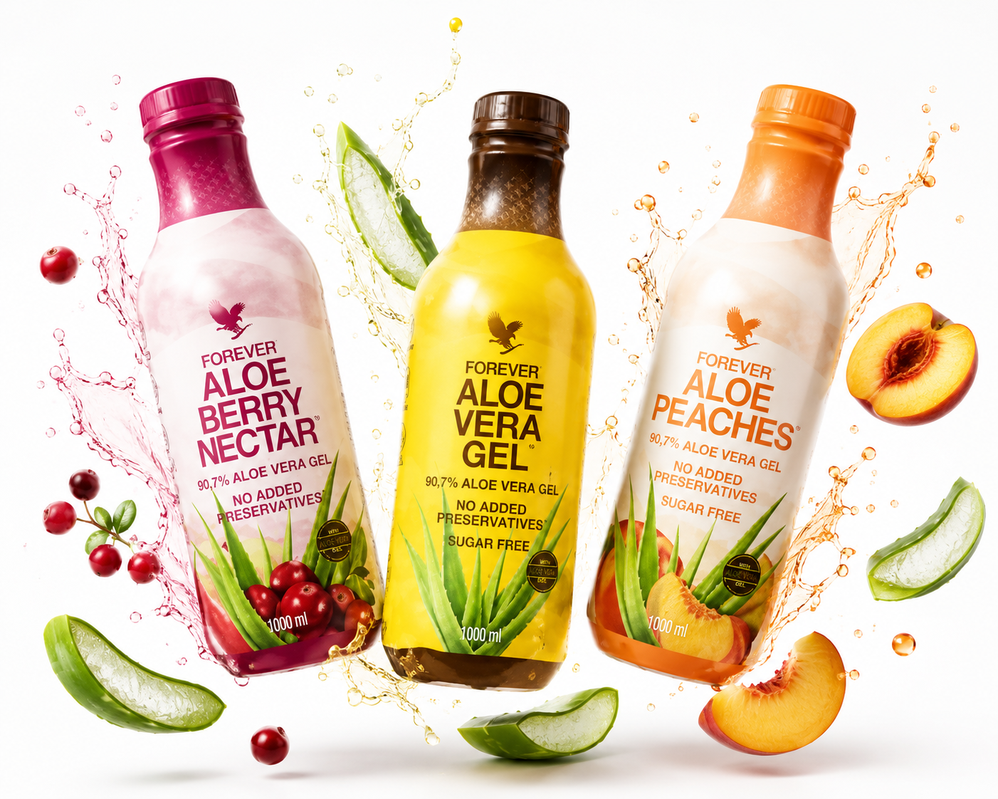 Forever Aloe Berry Nectar, Aloe Vera Gel and Aloe Peaches drink bottles with fruit splashes