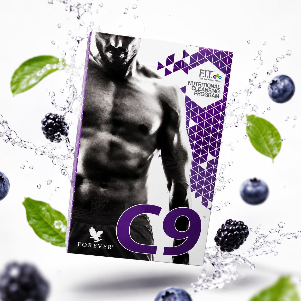Forever C9 nutritional cleansing program box with fit male model and berries