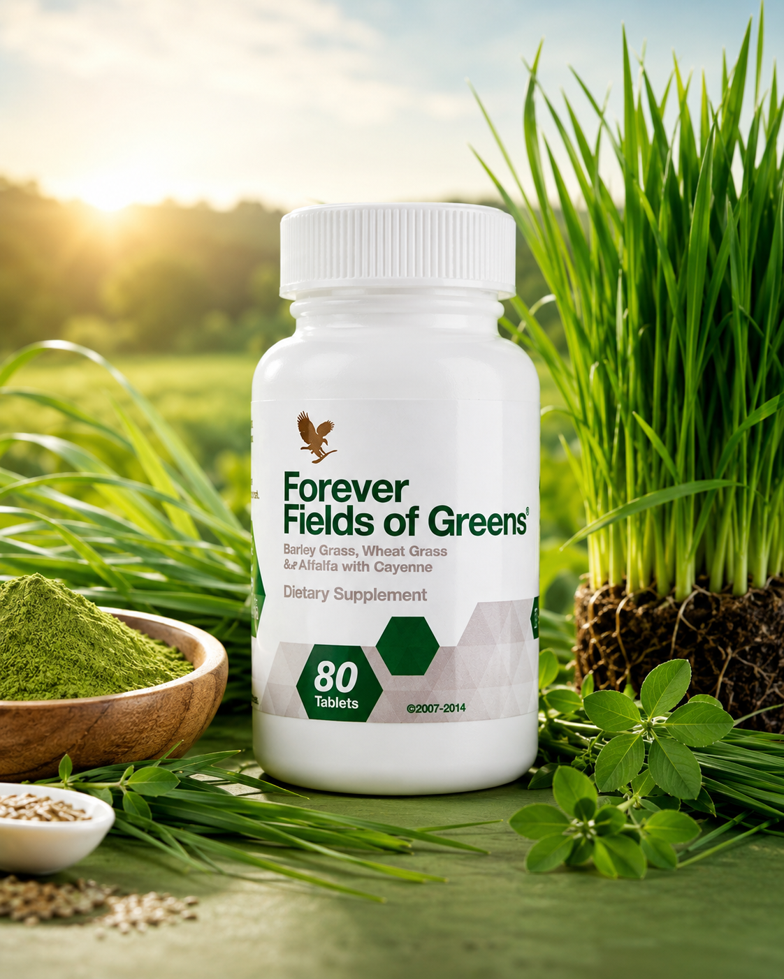 Forever Fields of Greens supplement bottle with wheatgrass and green powder