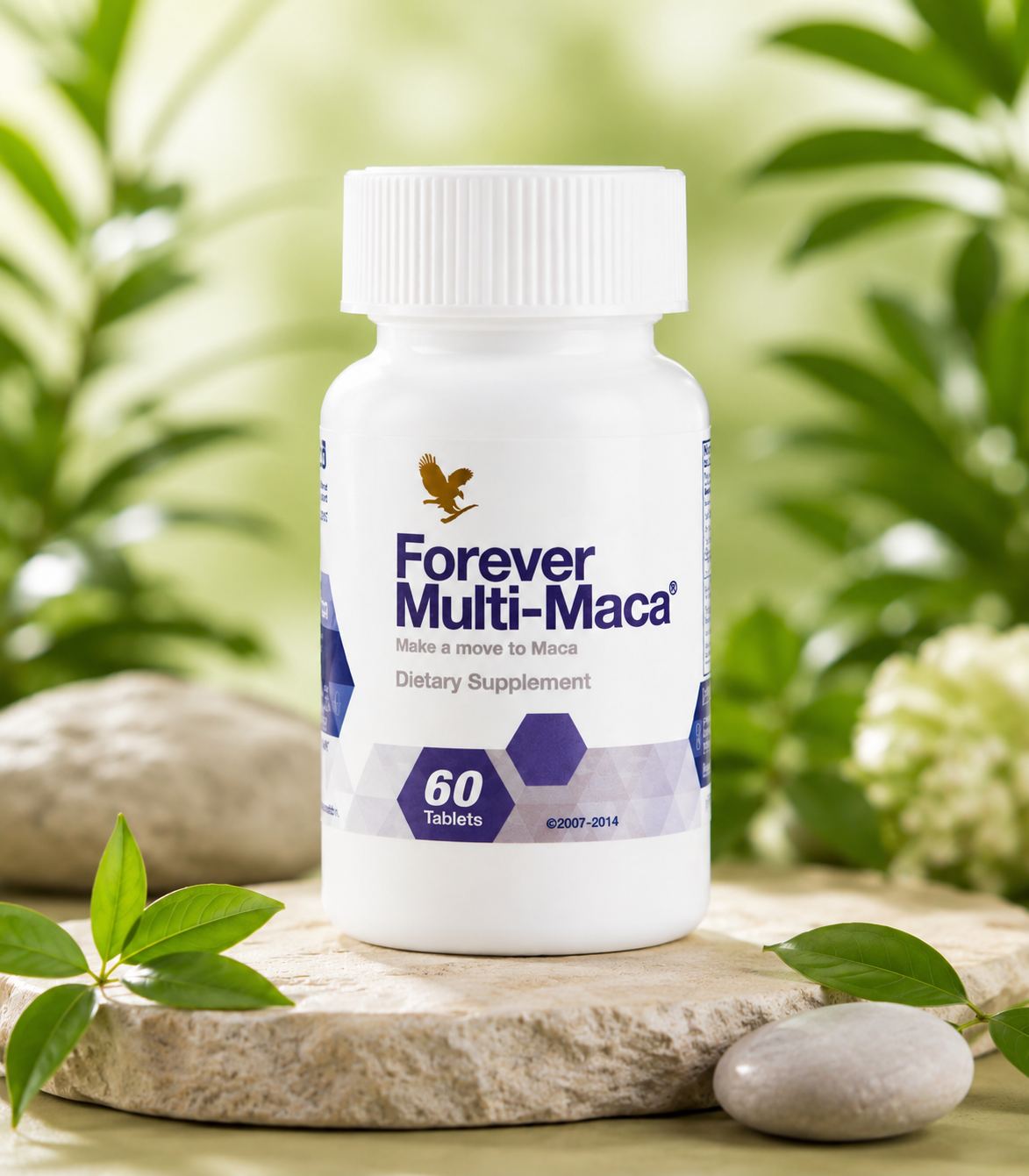 Forever Multi-Maca dietary supplement bottle with 60 tablets