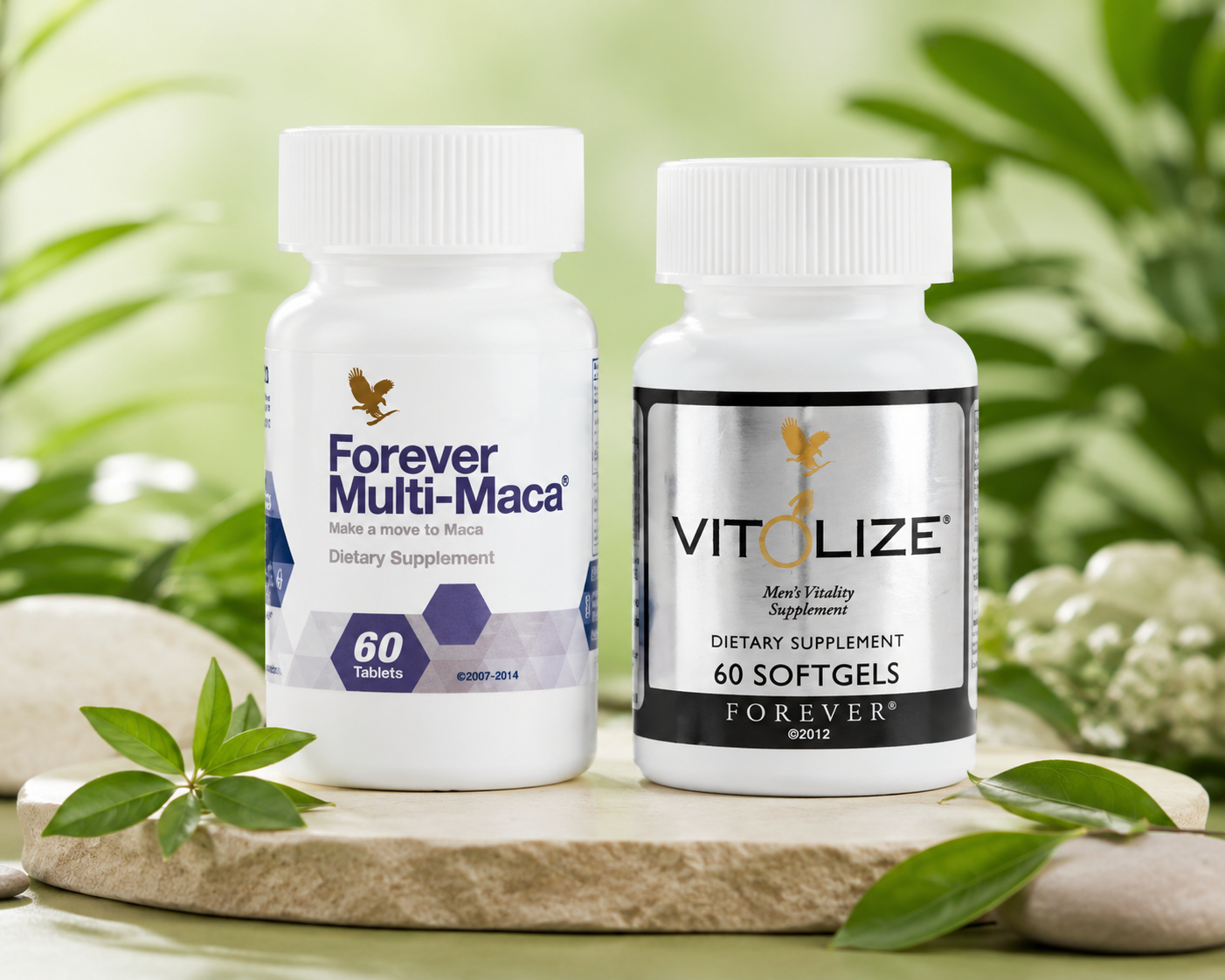 Forever Multi-Maca supplement bottle with green leaves