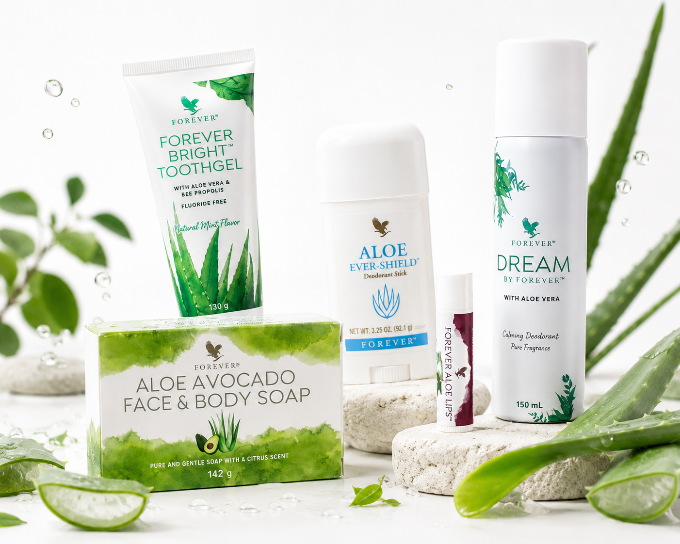 Forever personal care set: toothgel, deodorant, aloe lips, soap and Dream spray with aloe plants