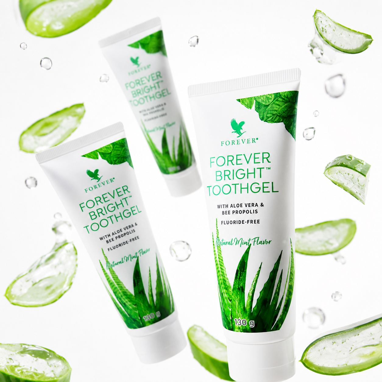 Forever Bright Toothgel tubes with aloe vera leaves and water droplets